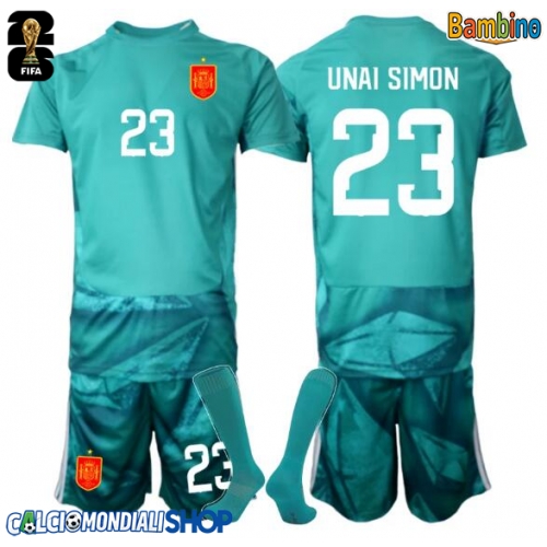 Maglie da calcio Spagna Unai Simon #23 Portiere Seconda Maglia Bambino Mondiali 2026  Manica Corta + Pantaloni corti)